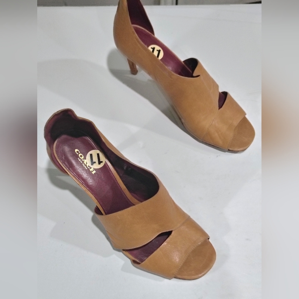 Coach Tan Leather Cutout Open Toe Heels Size 11